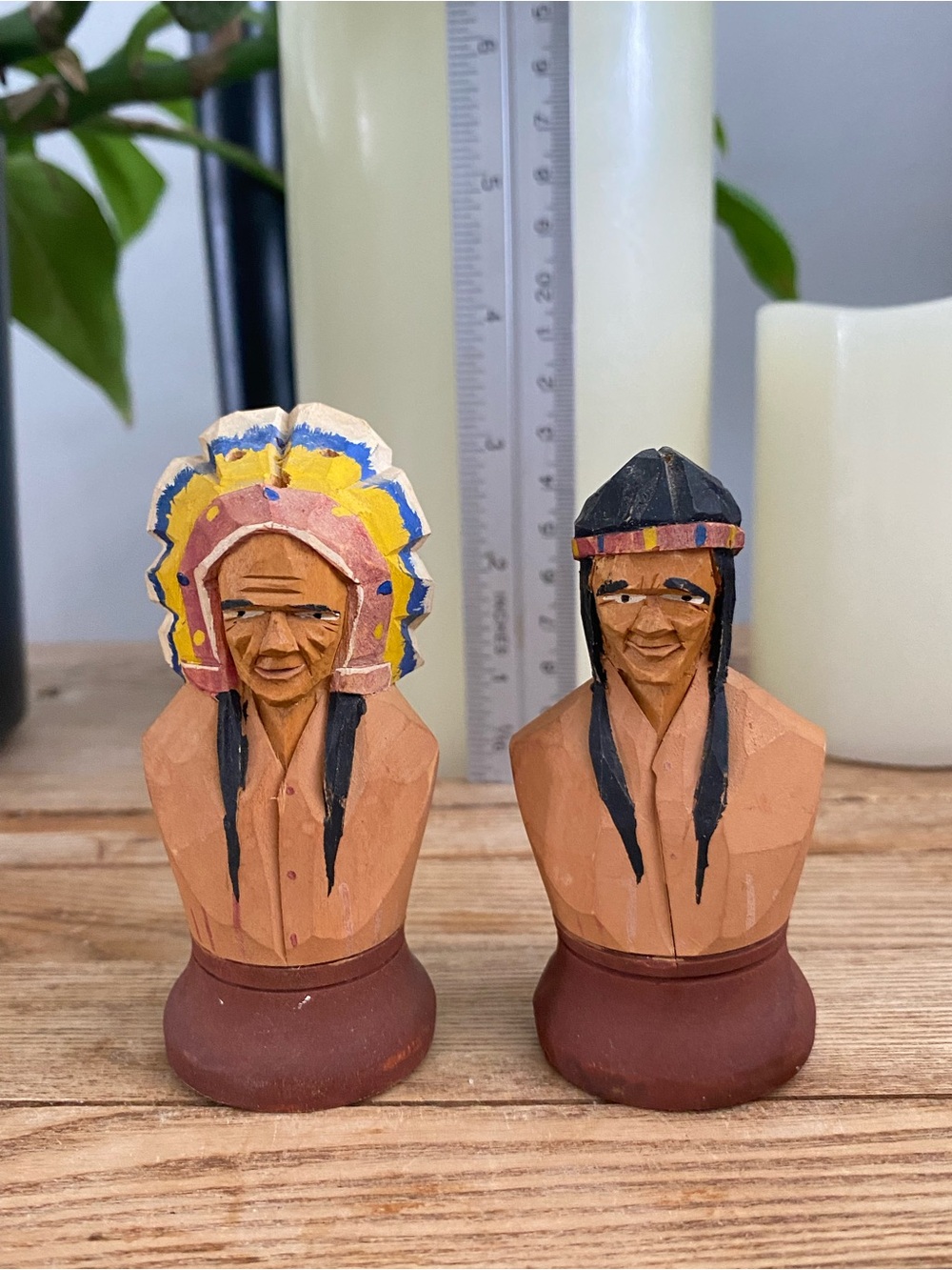 Vtg Hand-Carved Wood Indigenous Chief & Figure Salt & Pepper Shakers ~ Folk Art
